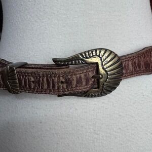 Vintage Women's 90's Boho Brown Leather Brass Belt 28" Western Boho Festival